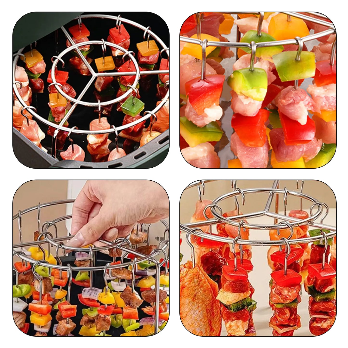 2 Pack Stainless Steel Air Fryer Skewer Rack, 360° No Flip Kabob Grill Stand