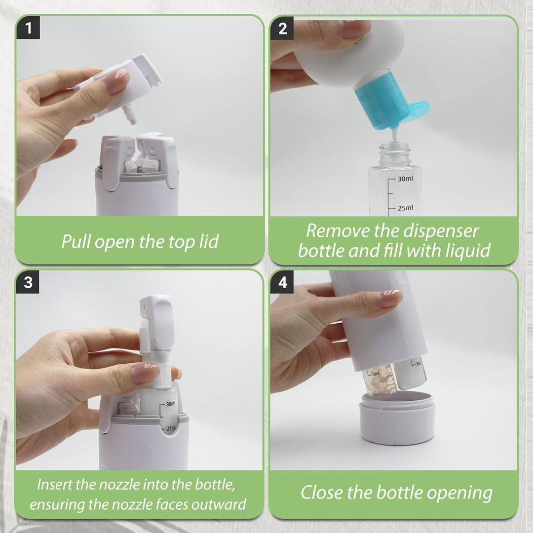 Travel Smart with 4-in-1 – Compact Leak-Proof Refillable Toiletry Dispenser