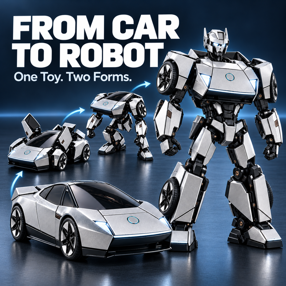 45% OFF🏎️Silver 2-in-1 Transforming Sports Car🏎️ & Robot – Futuristic Mecha Figure
