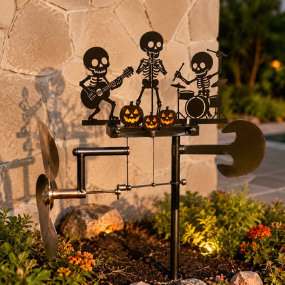 🎃💀 Halloween Skeleton Drummer Metal Kinetic Wind Spinner – Spooky Outdoor Garden Décor 🥁🌬️✨