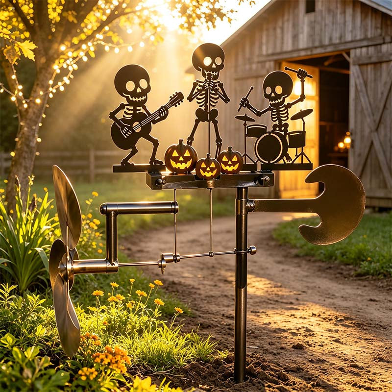 🎃💀 Halloween Skeleton Drummer Metal Kinetic Wind Spinner – Spooky Outdoor Garden Décor 🥁🌬️✨