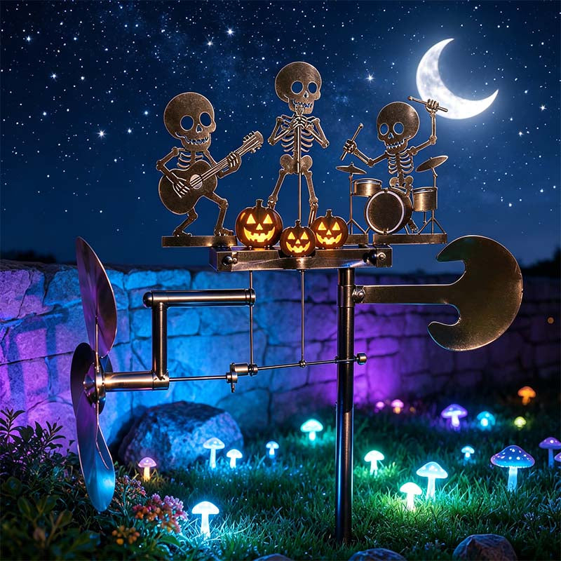 🎃💀 Halloween Skeleton Drummer Metal Kinetic Wind Spinner – Spooky Outdoor Garden Décor 🥁🌬️✨
