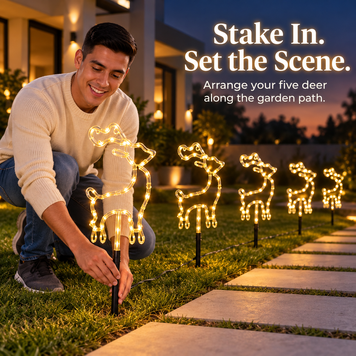 🦌 50% OFF 5-Piece Reindeer Stake Lights – Warm White Christmas Glow for Your Yard ✨