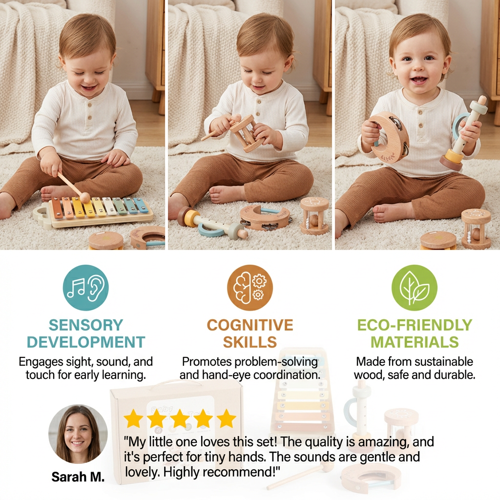 6-Piece Wooden Baby Musical Instrument Set – Sensory Sound & Music Toy