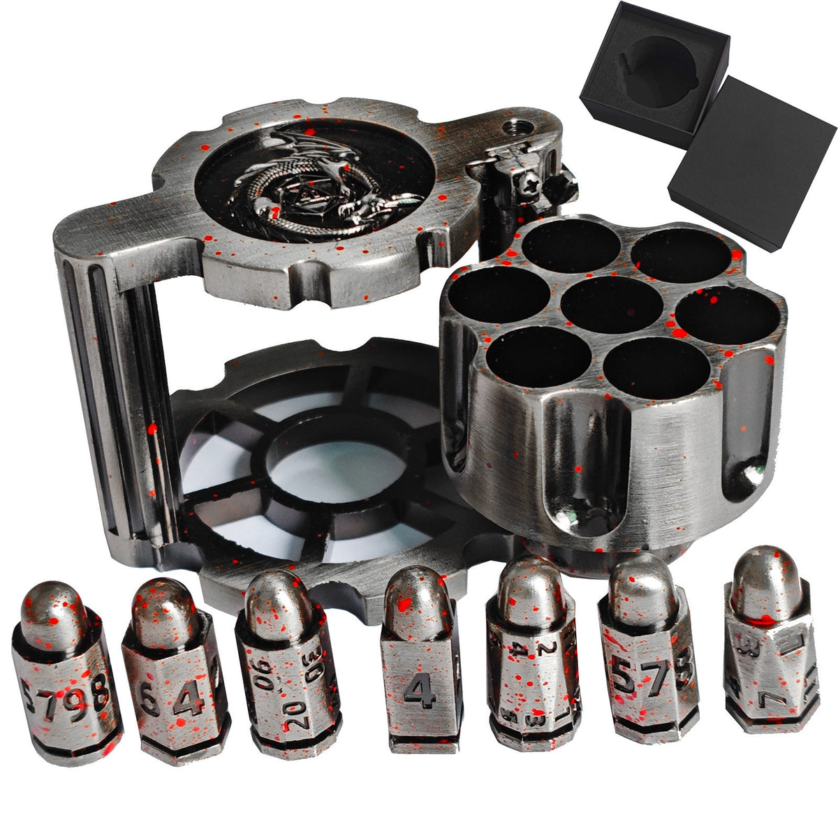 7PCS Metal Revolver Dice Set - Bullet-Design Polyhedral Game Pieces with Industrial Look, Premium Accessory for Tabletop Play RPG Games, Gift for Players