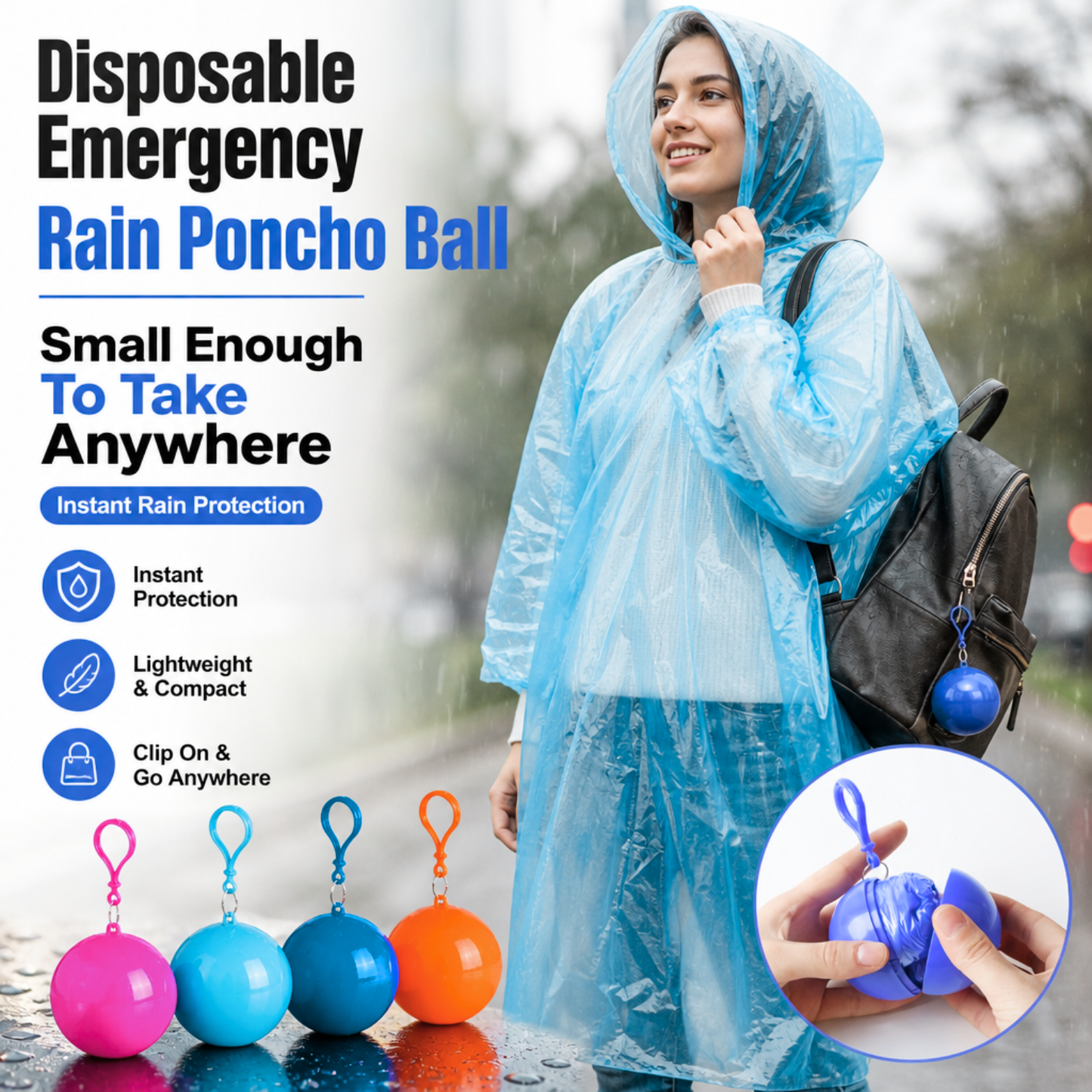 🌧️ Compact Emergency Rain Poncho Ball⚡ – Clip-On Disposable Waterproof Poncho