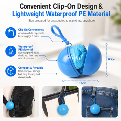 🌧️ Compact Emergency Rain Poncho Ball⚡ – Clip-On Disposable Waterproof Poncho