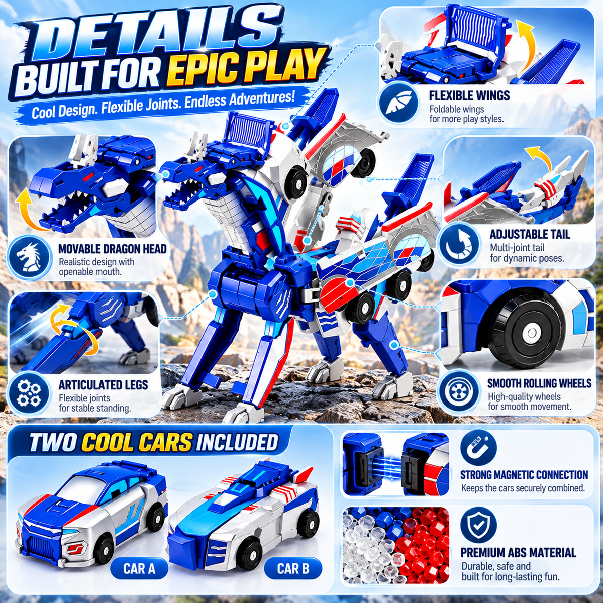 🚗2-in-1 Magnetic Transforming Dragon Car Toy – Racing Car Set