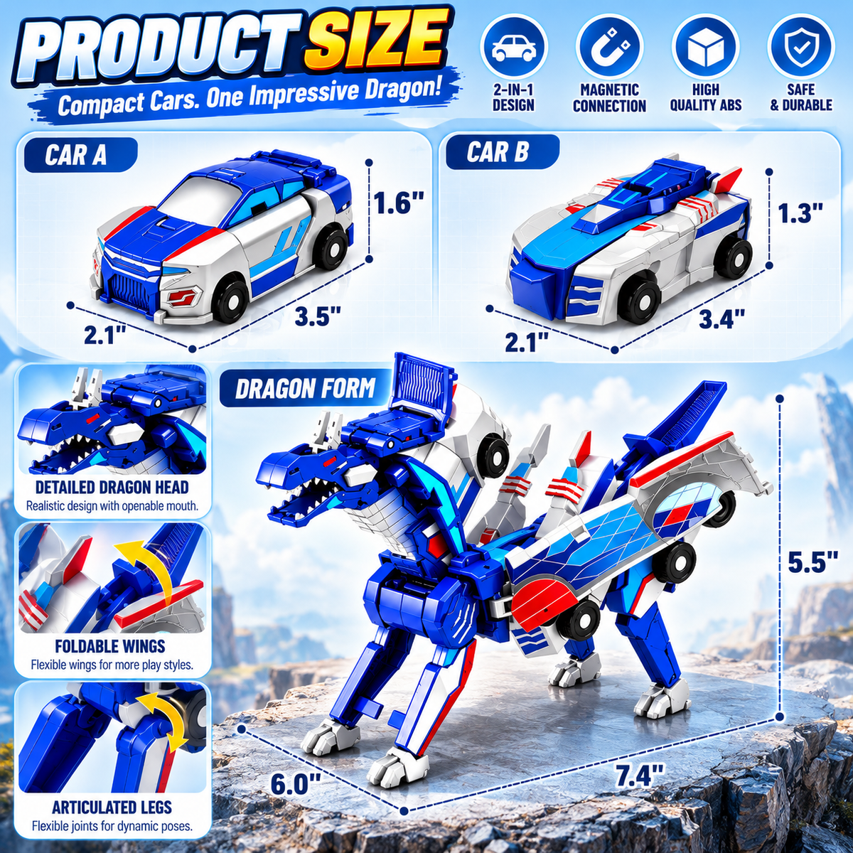 🚗2-in-1 Magnetic Transforming Dragon Car Toy – Racing Car Set