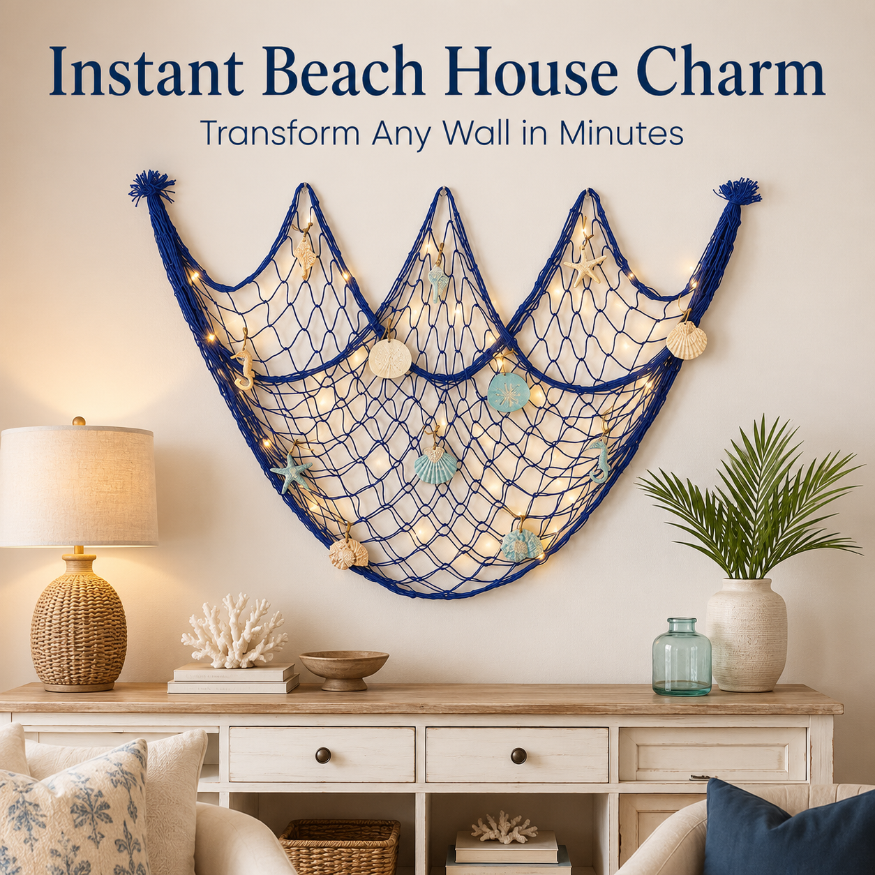 🌊✨ Coastal Fishing Net Wall Hanging with Fairy Lights
