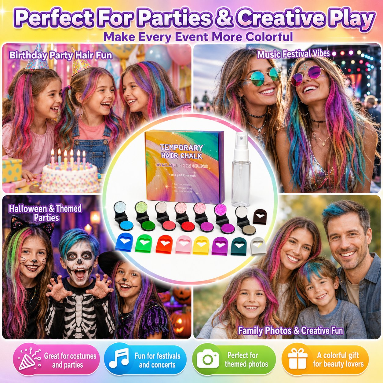 🔥  🌈 12-Color Temporary Hair Chalk Set with Applicators