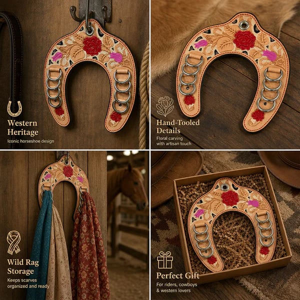 🔥 LAST DAY 57% OFF - Handcrafted Leather Horseshoe Wild Rag Holder | Western Scarf & Bandana Organizer (📦Buy 2 Free Shipping)