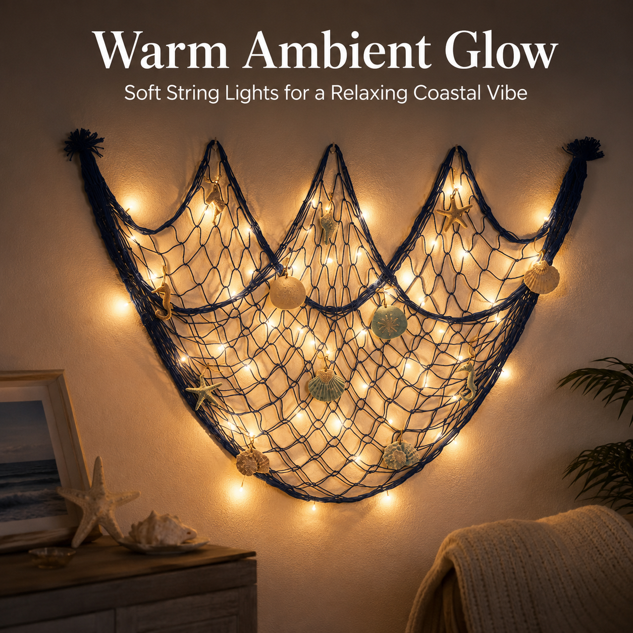 🌊✨ Coastal Fishing Net Wall Hanging with Fairy Lights