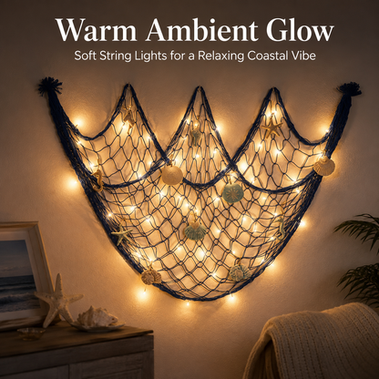 🌊✨ Coastal Fishing Net Wall Hanging with Fairy Lights