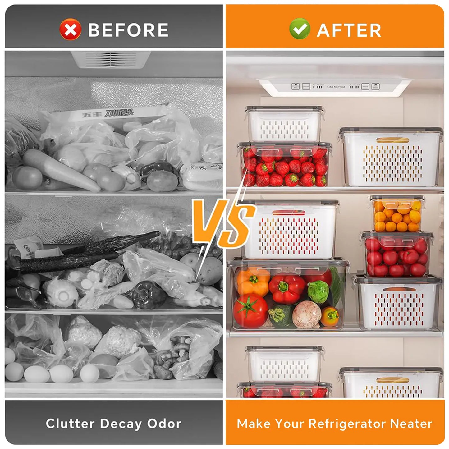 🔥🥗 5 Pack Stackable Fridge Organizers with Removable Colander & Keep Food Fresh ✨