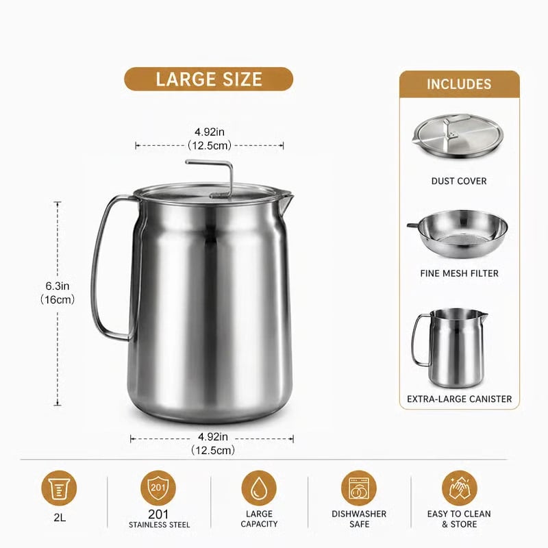 🔥HOT SALE🔥68oz 201 Stainless Steel Deep Fryer Pot with Basket & Strainer, Large Capacity Bacon Grease Container for Kitchen,Frying, Cooking, Camping,Oil Filter Container - Dishwasher Safe