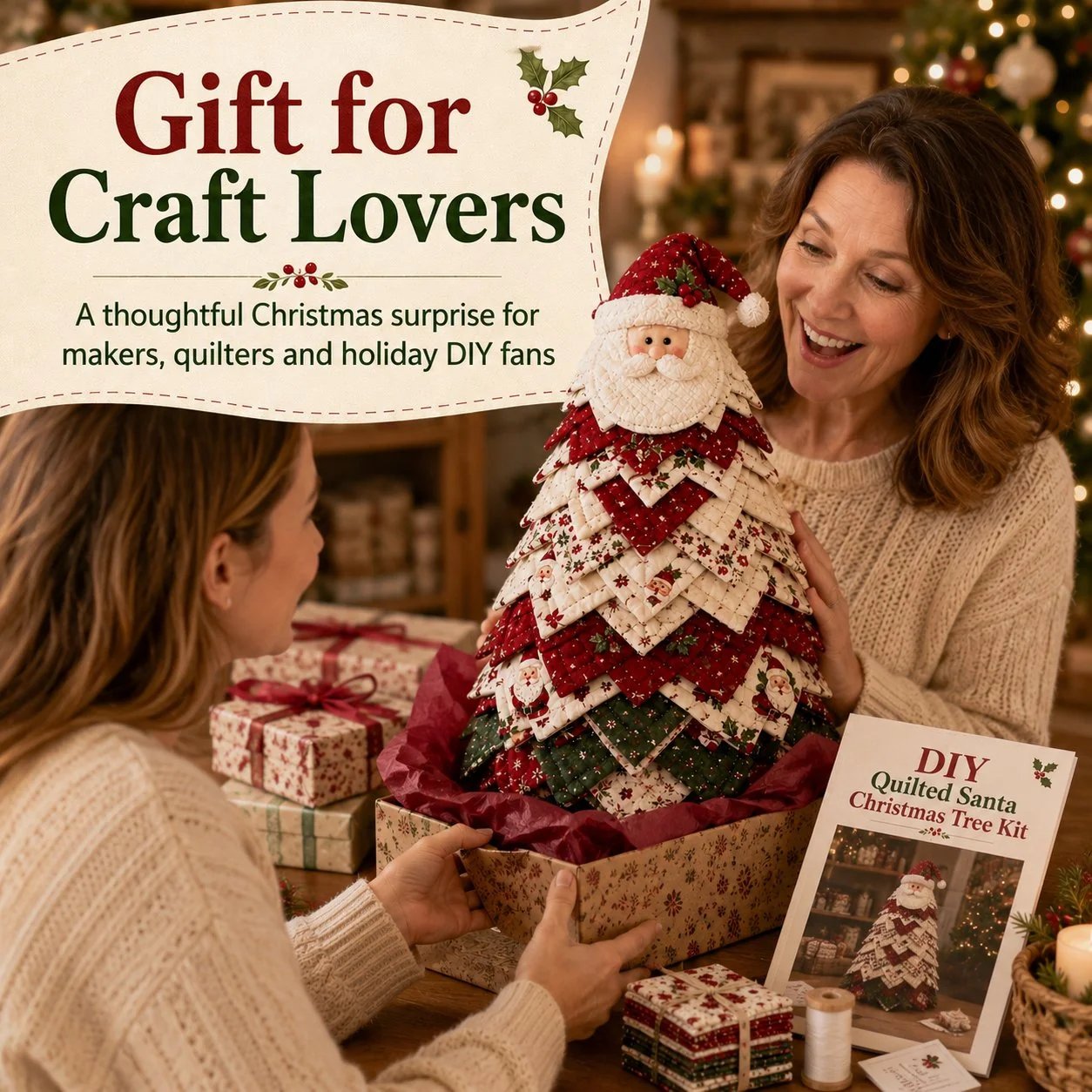 🔥LAST DAY 50% OFF - 🎄DIY Quilted Santa Christmas Tree Kit – Handmade Fabric Holiday Tabletop Tree Decor
