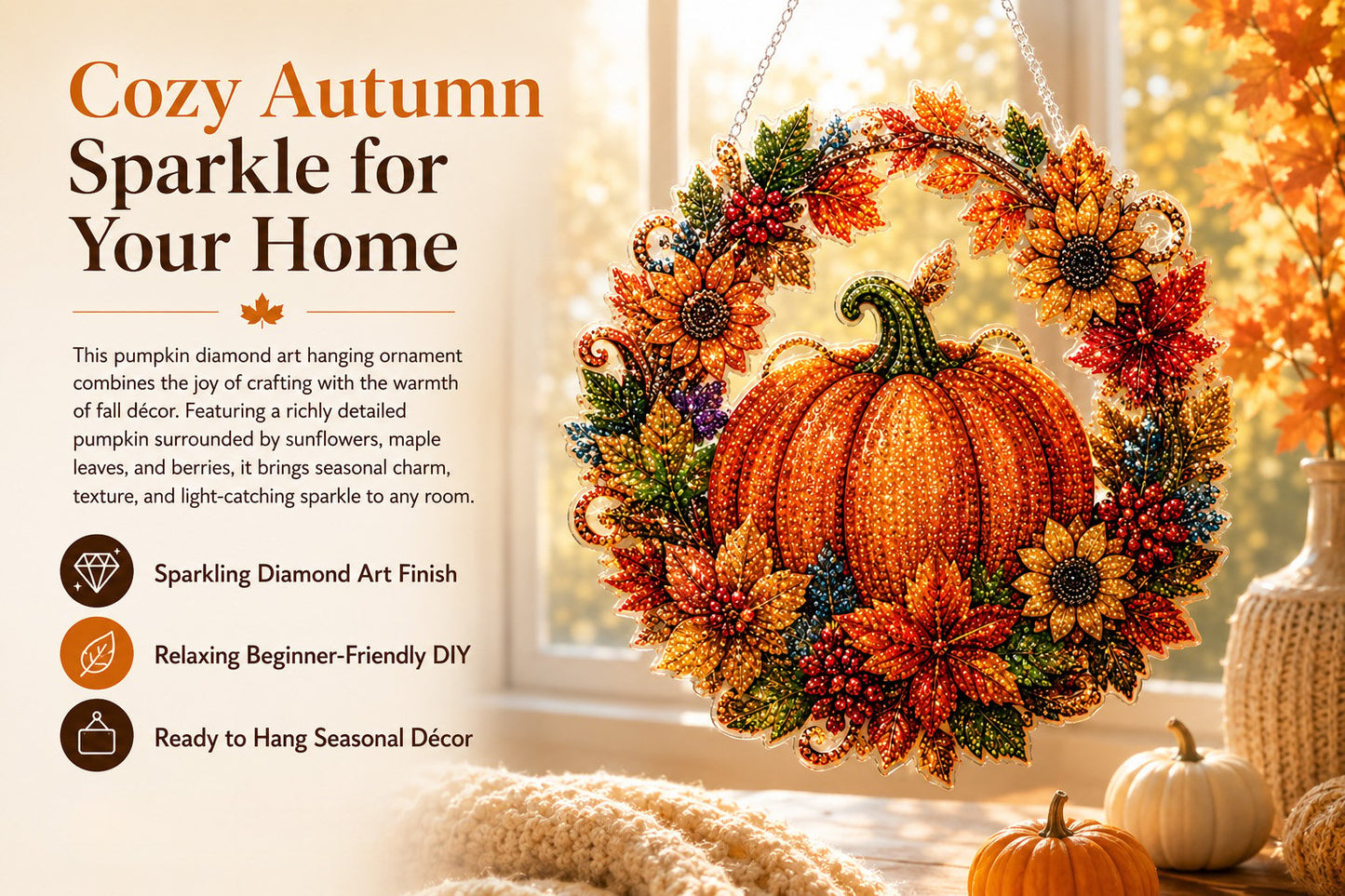 🍂✨Autumn Fall Pumpkin Gem Drill Hanging Decoration DIY Diamond Art Kit