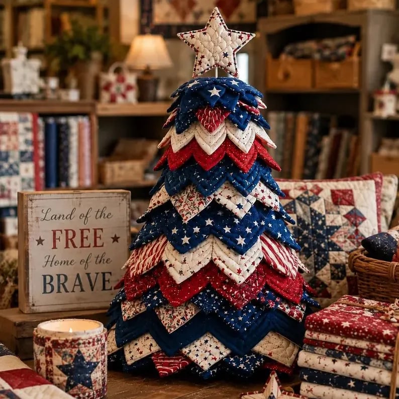 💥 LAST DAY 49% OFF - Americana Christmas Tree Quilt Kit – Easy Layered Fabric Holiday Décor for Quilting Lovers