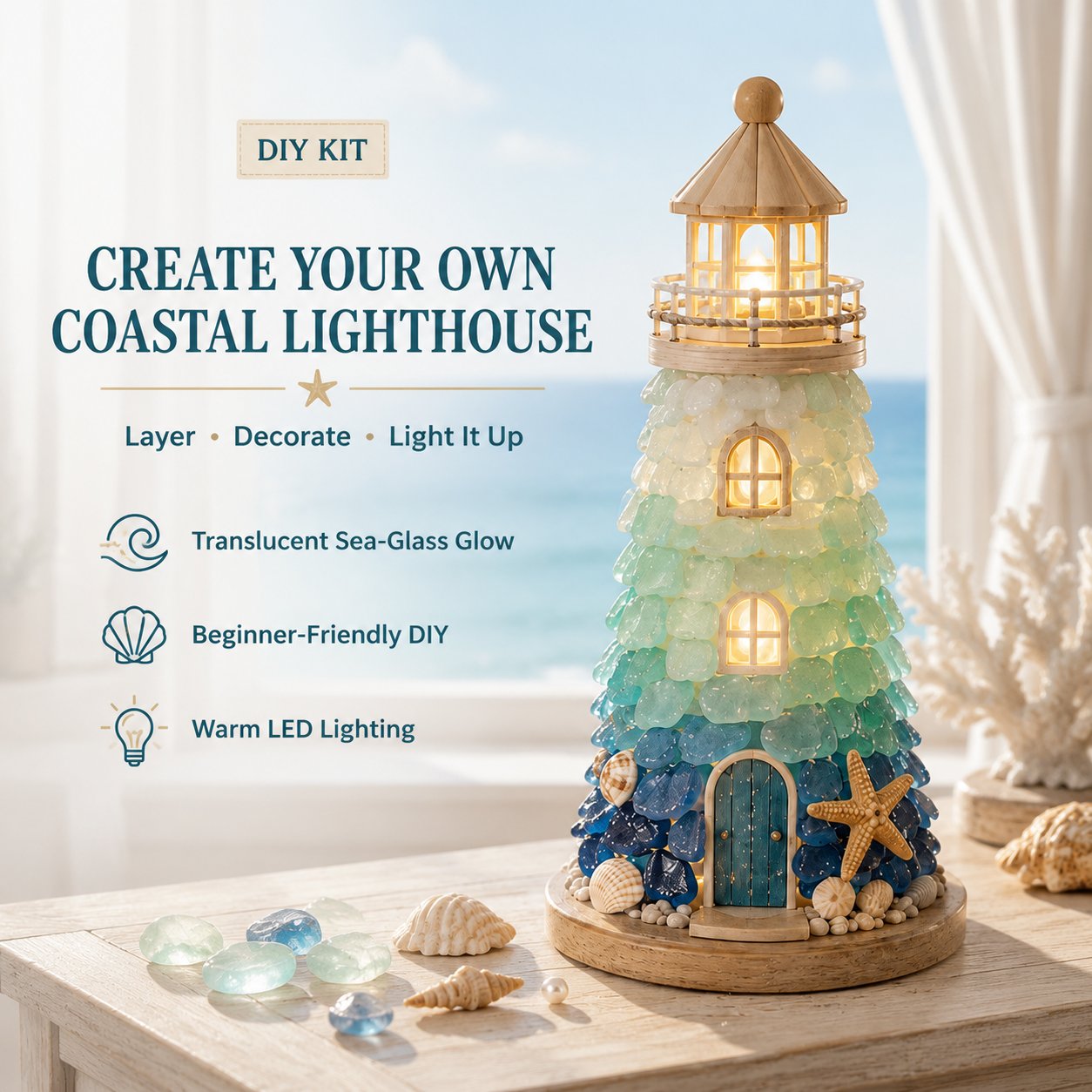 🌊 DIY Lighted Sea Glass Lighthouse Kit – Beginner-Friendly Coastal Craft with LED Lights 💕