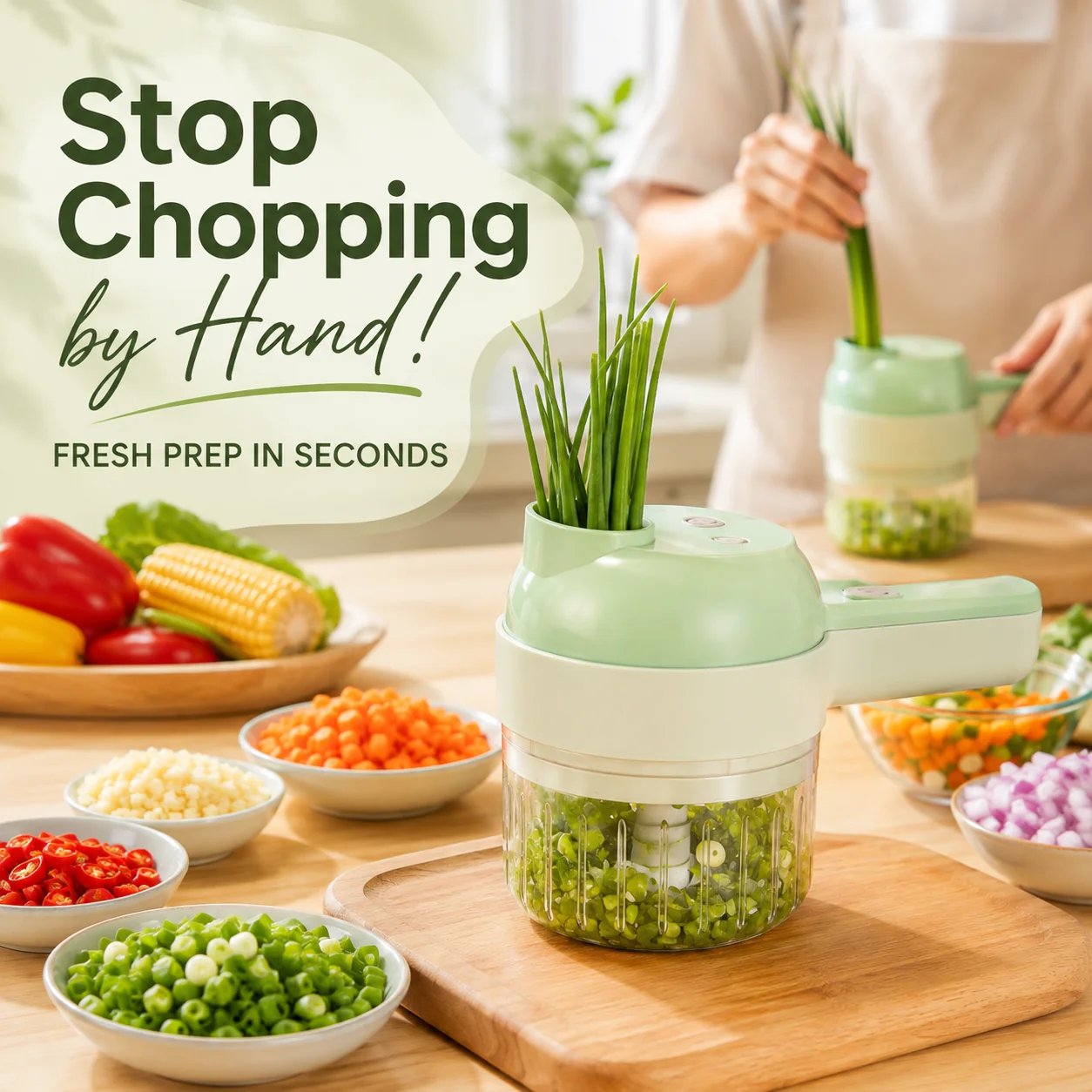 🧄 4-in-1 Handheld Electric Chopper: Slice, Mince, Peel & Auto-Clean!