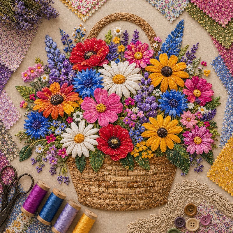 🌸Floral Basket Patchwork DIY Kit | 3D Layered Fabric Flower Art Craft for Home Decor & Gifts