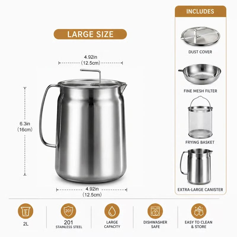 🔥HOT SALE🔥68oz 201 Stainless Steel Deep Fryer Pot with Basket & Strainer, Large Capacity Bacon Grease Container for Kitchen,Frying, Cooking, Camping,Oil Filter Container - Dishwasher Safe