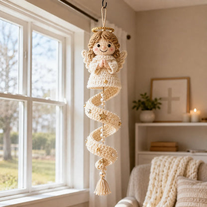 🙏 Handcrafted Crochet Blessed Mother Devotional Spiral Hanging Ornament | Soft Textured Yarn, Plush Filling, Decorative Beads, Golden Cross & Floral Tassel Details 💙✨