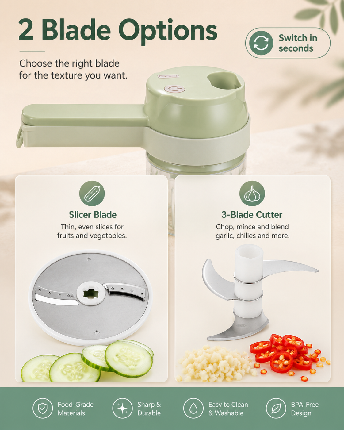✨ Cordless 4-in-1 Food Chopper | Chop, Slice, Peel & Clean