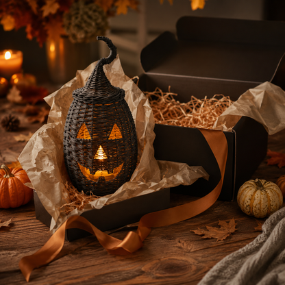 Rustic Wicker Pumpkin Candle Holder - Handwoven Jack-O’-Lantern Halloween Porch Decor