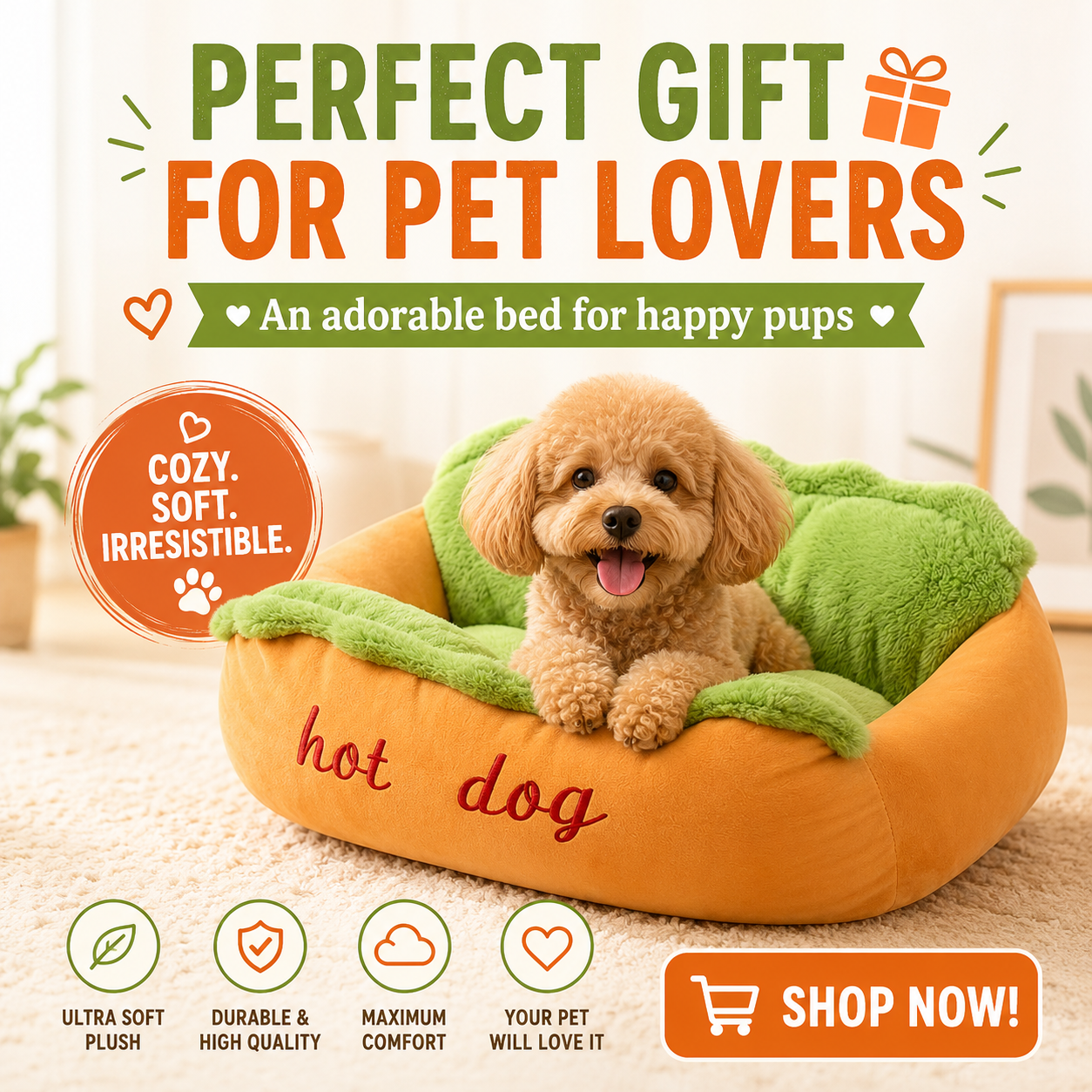 🌭 Hot Dog Dog Bed – Cute Plush Pet Sofa for Small Dogs & Cats