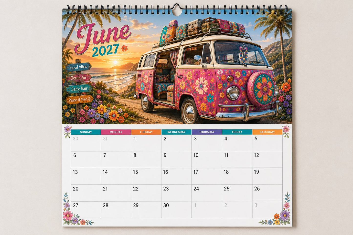 🌼2027 Hippie Boho Wall Calendar – Retro Road Trip Calendar📅