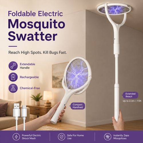 ⚡ Foldable Electric Mosquito Swatter – Rechargeable Bug Zapper with Extendable Handle