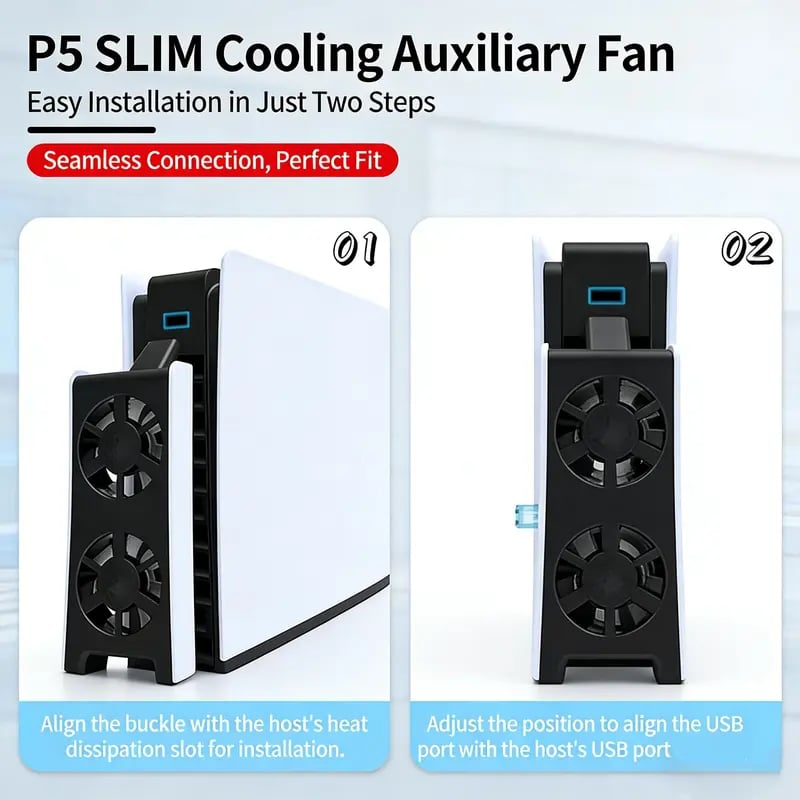 PS5 Slim Cooling Fan with LED‐Light | Plug‐Play External Cooler