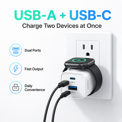 🔌 3-in-1 Wall Charger – Built-In Watch Charger with USB-A & USB-C Ports