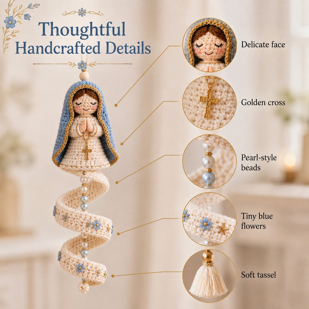 🙏 Handcrafted Crochet Blessed Mother Devotional Spiral Hanging Ornament | Soft Textured Yarn, Plush Filling, Decorative Beads, Golden Cross & Floral Tassel Details 💙✨