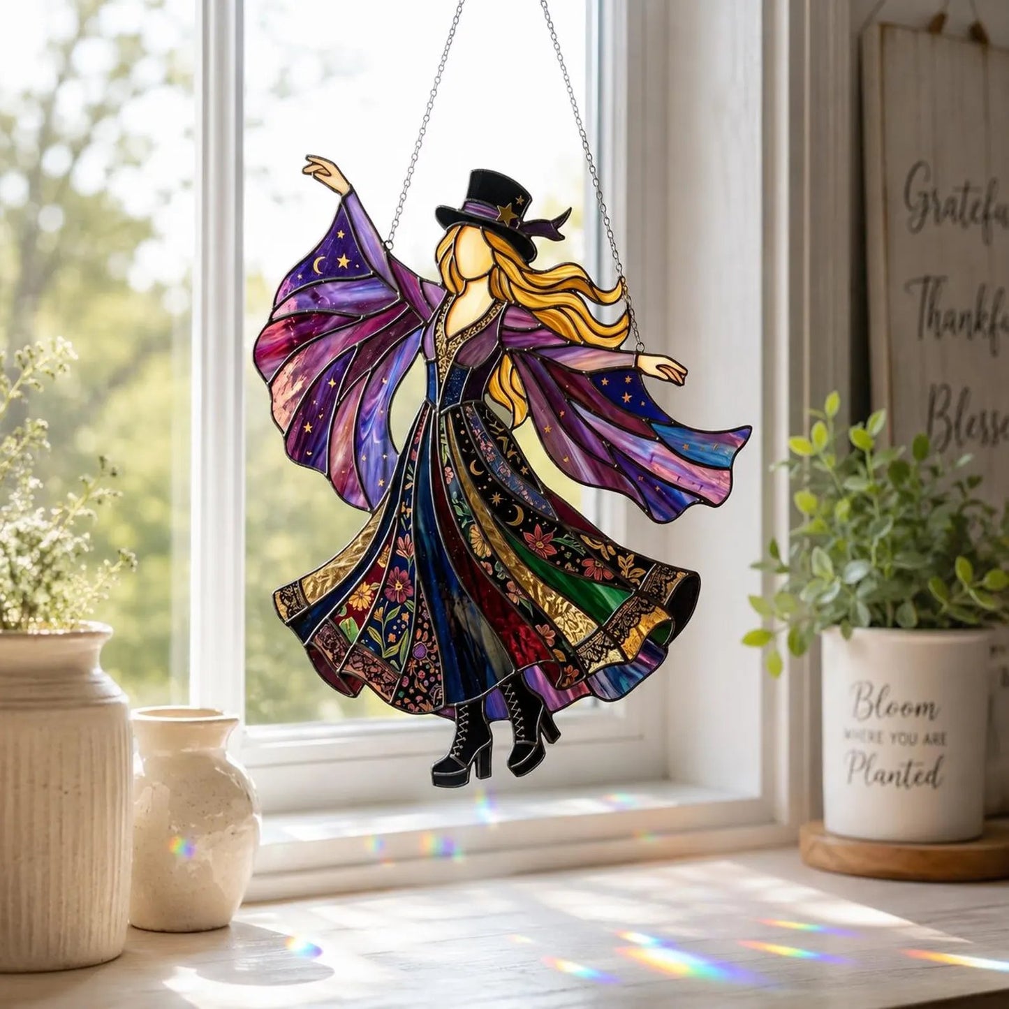 💥 LAST DAY 57% OFF - 💃 Rock Goddess Stevie 🤘 Handmade Stained Glass Spinning Suncatcher