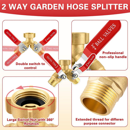 💦🚰 2-Way Brass Garden Hose Splitter | Individual Shut Off Valves