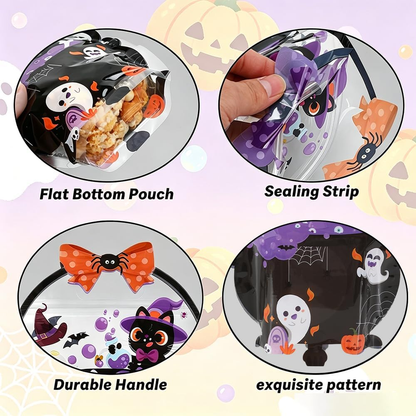24-Pack Halloween Treat Bags with Handles – Reusable Flat-Bottom Zip Bags for Candy & Party Favors