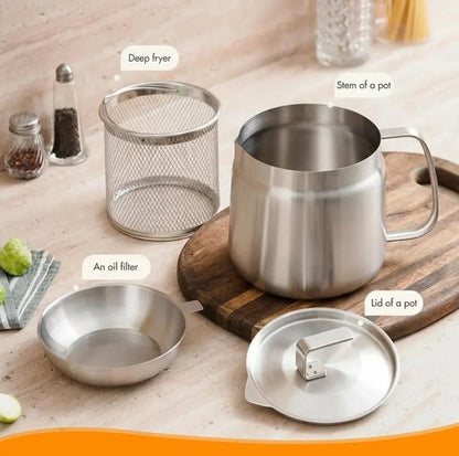 🔥HOT SALE🔥68oz 201 Stainless Steel Deep Fryer Pot with Basket & Strainer, Large Capacity Bacon Grease Container for Kitchen,Frying, Cooking, Camping,Oil Filter Container - Dishwasher Safe