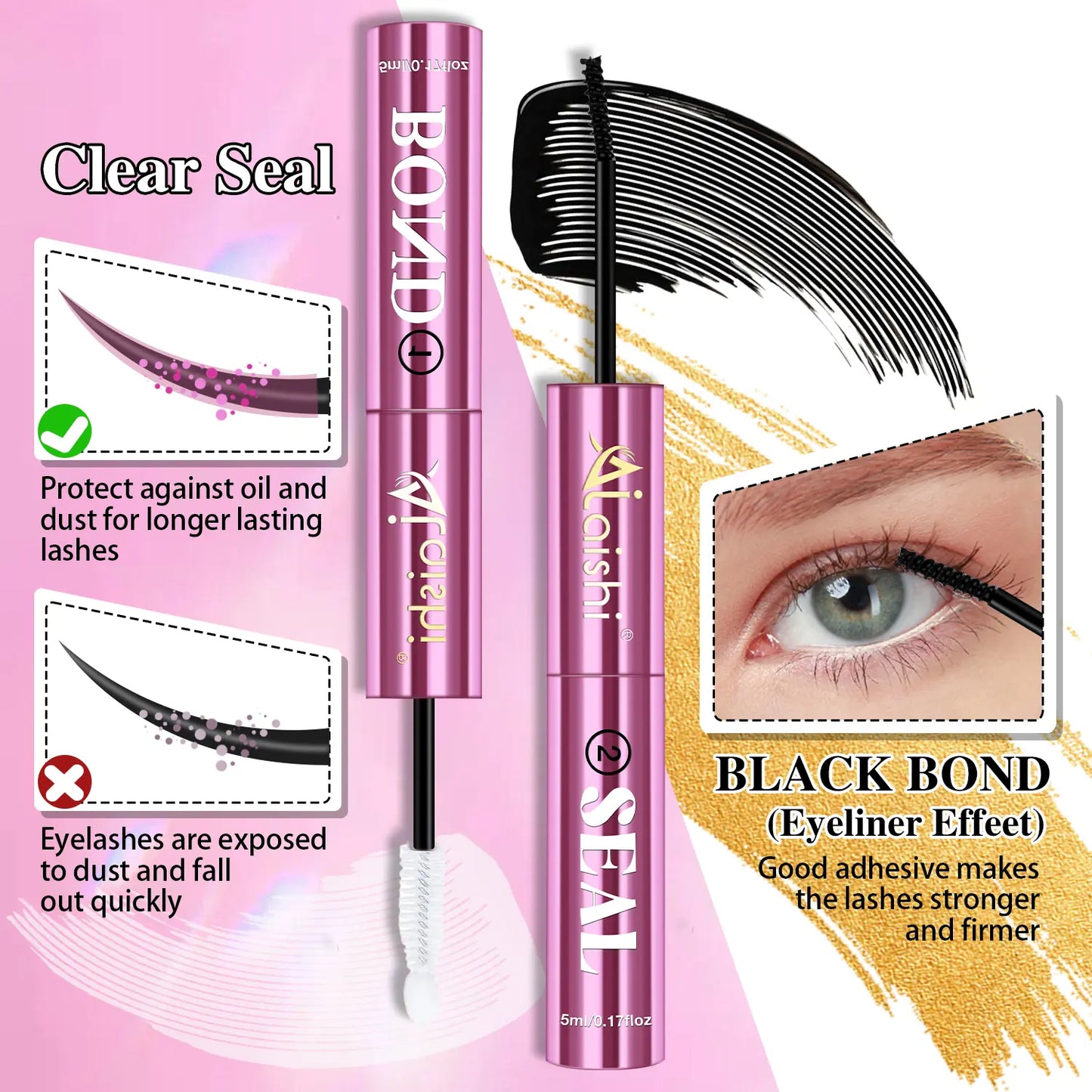 AlLAlSHI 2-in-1 Bond & Seal Cosmetic Eyelash Adhesive, Black/White Waterproof Gentle Lightweight Long-Lasting Strong Hold Glue for Individual Cluster Lashes, DIY Eyelash Extensions Beauty Product for Self-Application