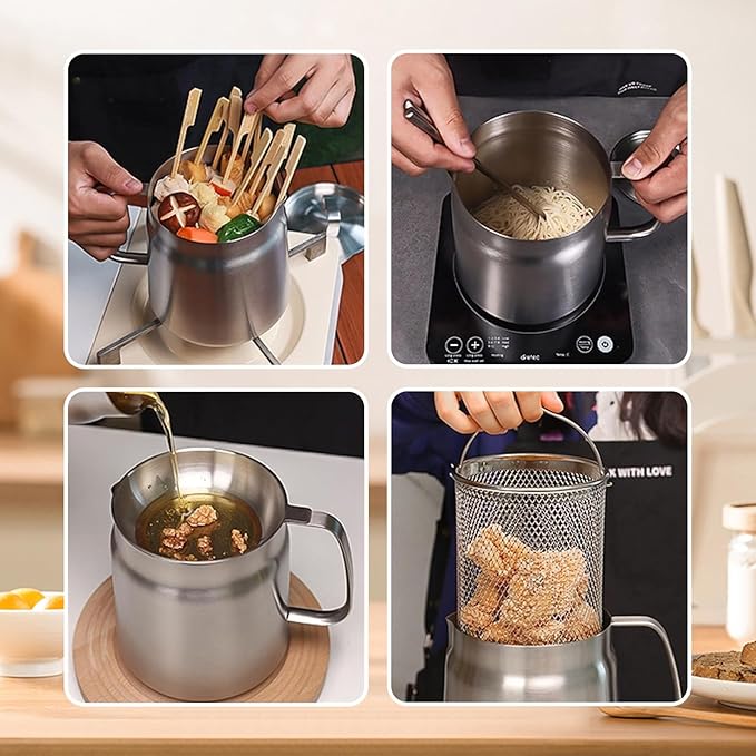🔥HOT SALE🔥68oz 201 Stainless Steel Deep Fryer Pot with Basket & Strainer, Large Capacity Bacon Grease Container for Kitchen,Frying, Cooking, Camping,Oil Filter Container - Dishwasher Safe