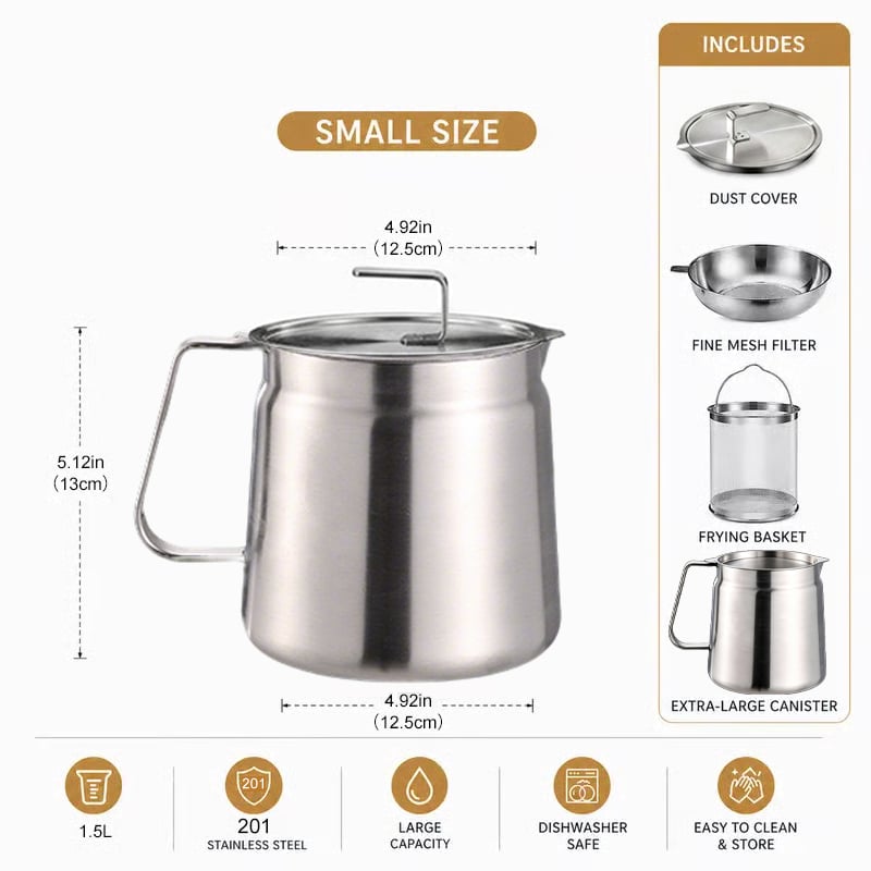 🔥HOT SALE🔥68oz 201 Stainless Steel Deep Fryer Pot with Basket & Strainer, Large Capacity Bacon Grease Container for Kitchen,Frying, Cooking, Camping,Oil Filter Container - Dishwasher Safe