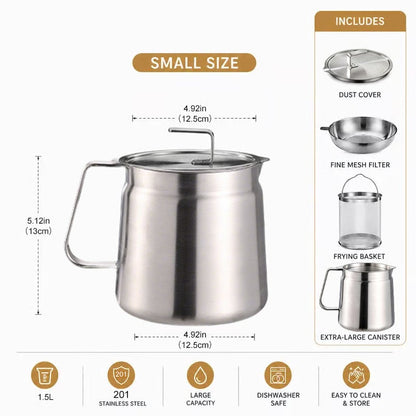 🔥HOT SALE🔥68oz 201 Stainless Steel Deep Fryer Pot with Basket & Strainer, Large Capacity Bacon Grease Container for Kitchen,Frying, Cooking, Camping,Oil Filter Container - Dishwasher Safe