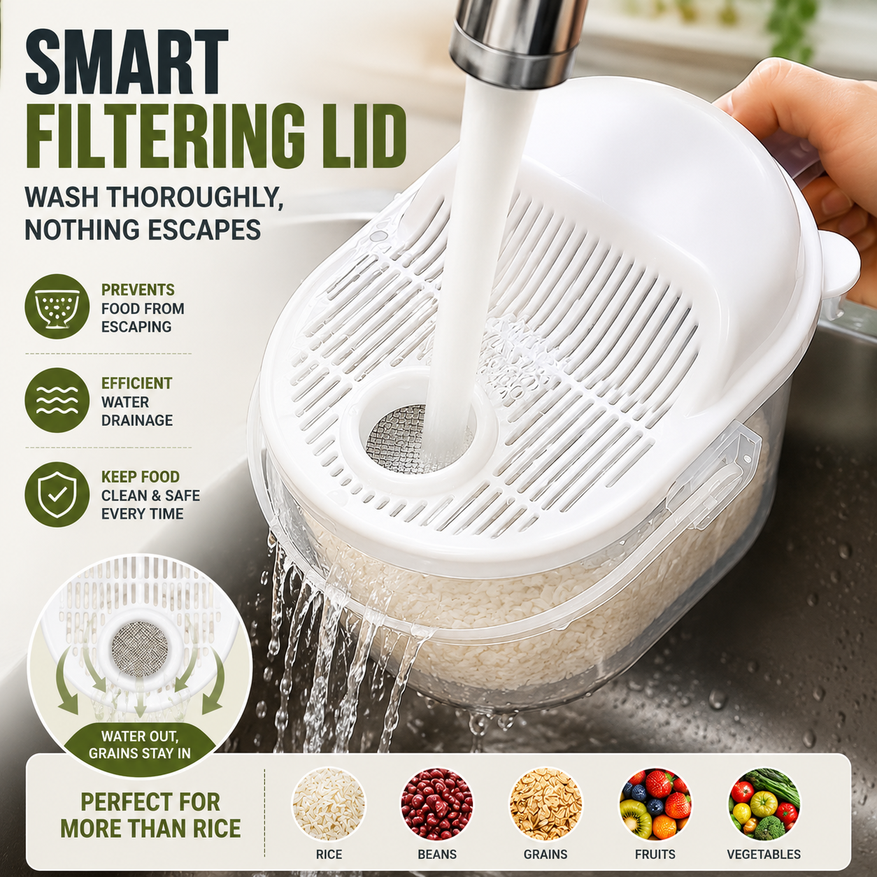 Automatic Hands-Free Rice Washing Tool Convenience Strainer with Filtering Lid Ideal for Rice Beans Fruits Vegetables Grains Kitchen Accessories Lazy Rice Cleaning Device Easy to Use Kitchen Gadget