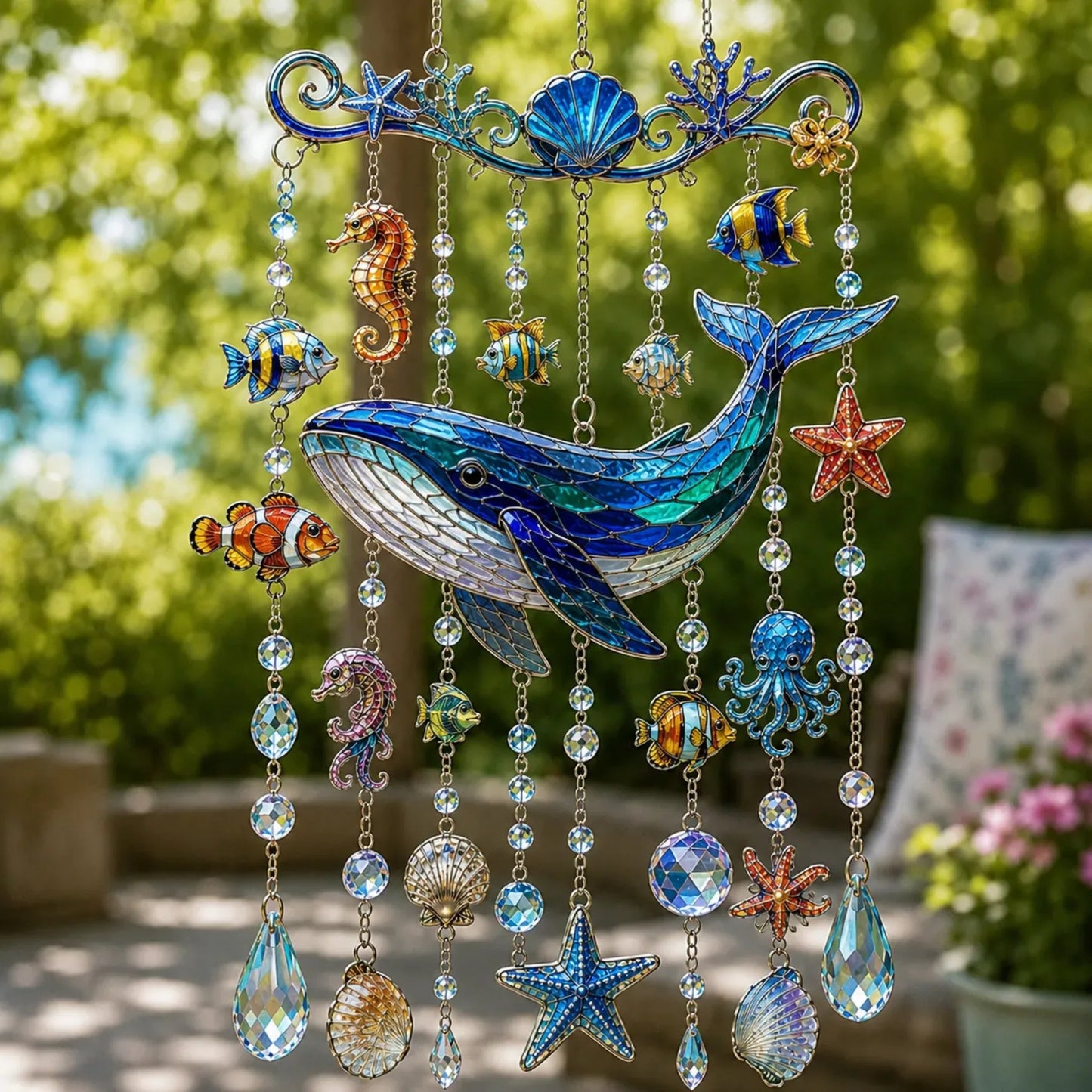 🔥🐋🐢🐬Ocean-Themed Crystal Wind Chime – 🌊Bring the Ocean Glow to Your Garden