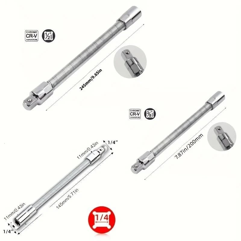 Flexible Socket Extension Bar Set – Bendable Ratchet Wrench Extensions for Tight Spaces, Carbon steel Automotive Repair Tool Kit
