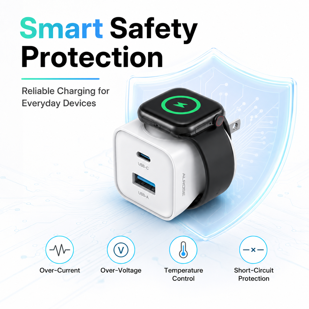 🔌 3-in-1 Wall Charger – Built-In Watch Charger with USB-A & USB-C Ports
