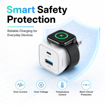 🔌 3-in-1 Wall Charger – Built-In Watch Charger with USB-A & USB-C Ports