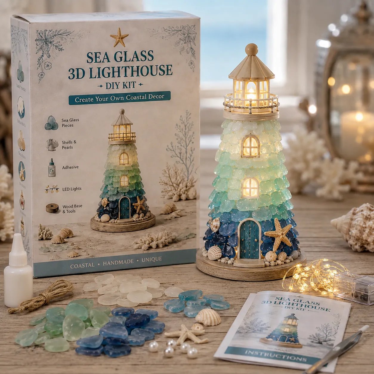🌊 DIY Lighted Sea Glass Lighthouse Kit – Beginner-Friendly Coastal Craft with LED Lights 💕